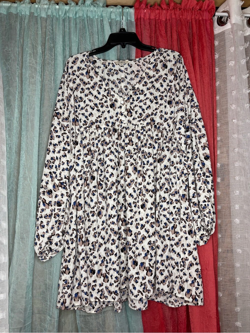 Umgee Cream Leopard Print Tunic/Dress with Blue & Brown Spots
